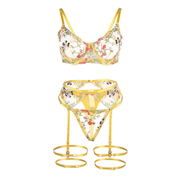 Subblime - 954352 Soutien-Gorge + String + Porte-Jarretelles Motif Floral Jaune l/xl