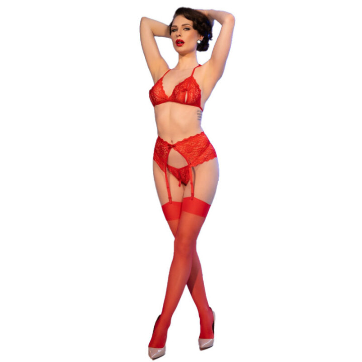 Chilirose - cr 4848 Ensemble Soutien-Gorge + String + Bas en Dentelle Rouge l