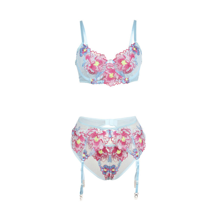 Subblime - 957643 Ensemble Soutien-Gorge et Porte-Jarretelles Brodé Fleurs Rose s/m