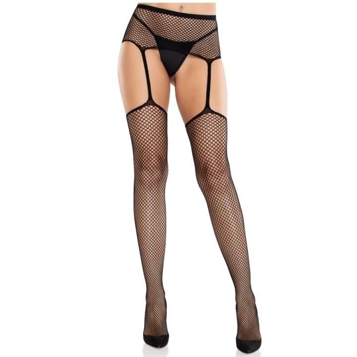 Leg Avenue - Spitzenstrümpfe Mit Kreuz Und Strumpfgürtel Schwarz