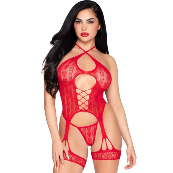 Leg Avenue - 89338 Offener Spitzen-Bodysuit Mit Strumpfgürtel + String Rot - Eine Grösse