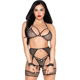 Leg Avenue - 89362 Top + String + Strumpfgürtel + Handschellen Set Schwarz - Eine Grösse