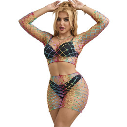Subblime - 952440 2-Piece Fishnet Set Long Sleeve Rainbow One Size