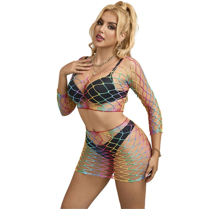 Subblime - 952440 2-Piece Fishnet Set Long Sleeve Rainbow One Size