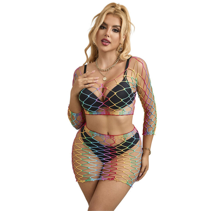 Subblime - 952440 2-Piece Fishnet Set Long Sleeve Rainbow One Size