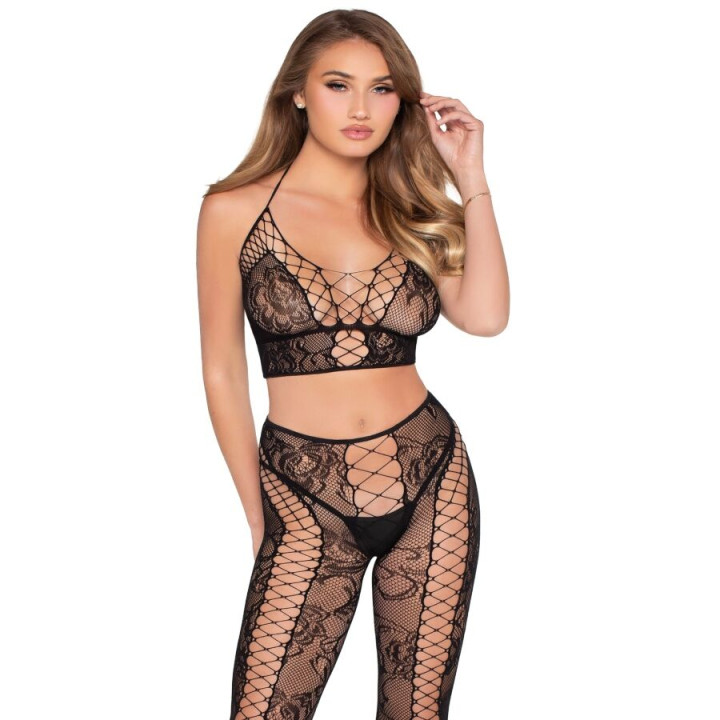 Leg Avenue - 89368 Top Cropped de Renda e Tule Preto - Tamanho Único