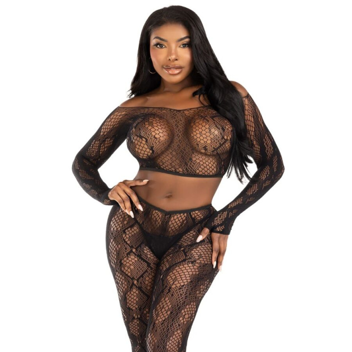Leg Avenue - 89373 Top Corto in Pitone e Collant Senza Piede Nero - Taglia Unica