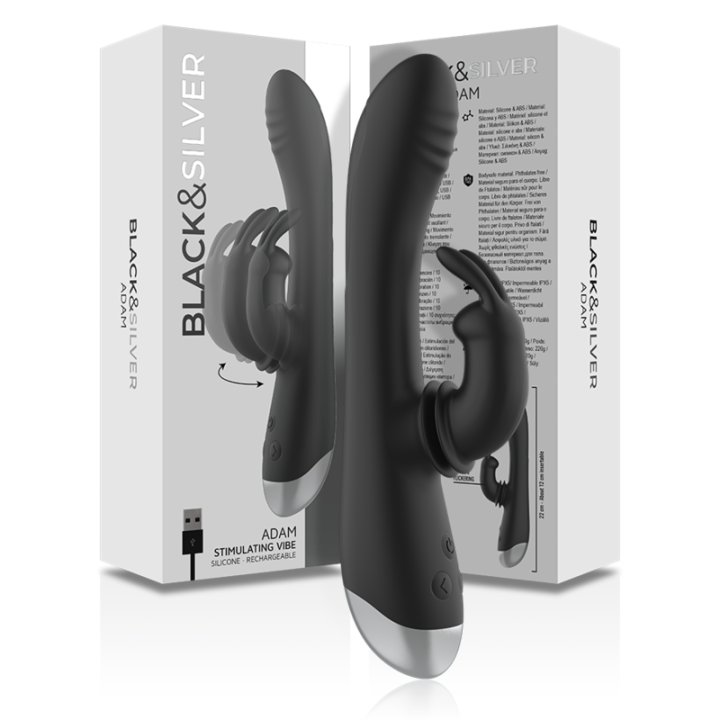 Black&Silver - dj. Stimolatore Coniglio in Silicone Ricaricabile Adam Nero