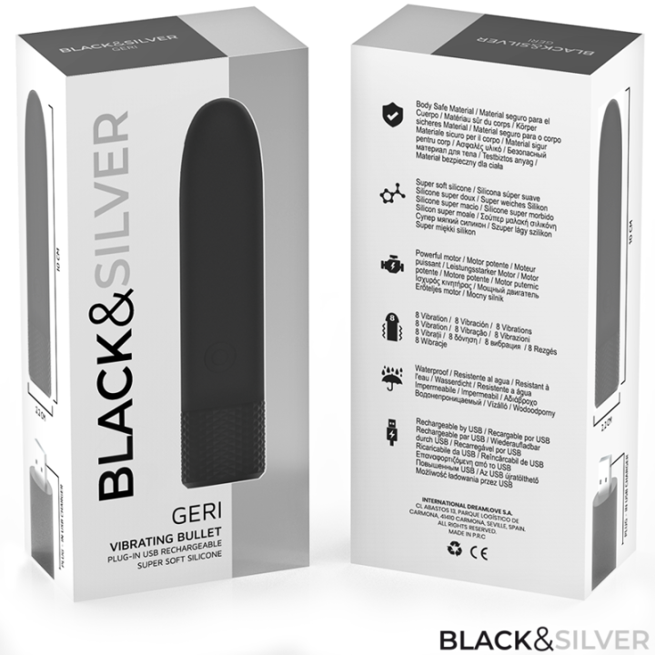 Black & Silver - Geri Usb Rechargeable Vibrating Bullet 8 Vibrations Black 10 x 2.2 cm