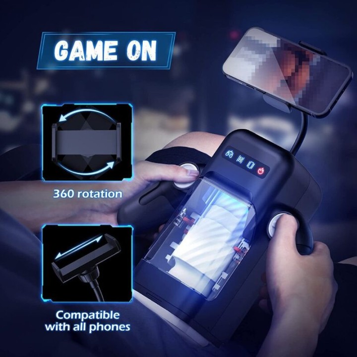 Game Cup - Masturbador Masculino Con Vibración y Función Calor Con Soporte Para Móviles - Negro