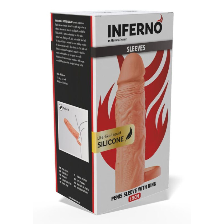 Hidden Desire - Inferno Funda Extensora de Silicona Líquida Con Anillo 15 cm - ø 4,5 cm Color Piel