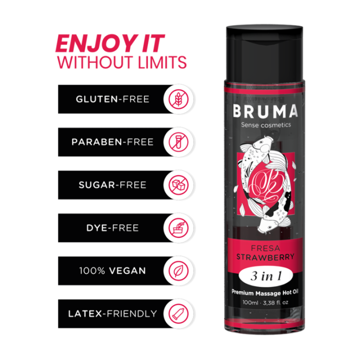 Bruma - Aceite de Masaje Premium Efecto Calor Sabor Fresa 3 en 1 - 100 ml