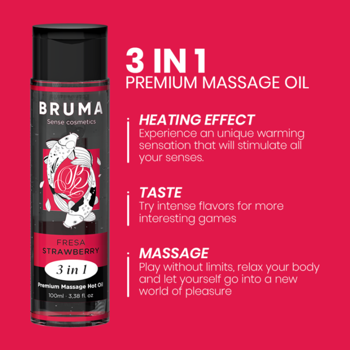 Bruma - Aceite de Masaje Premium Efecto Calor Sabor Fresa 3 en 1 - 100 ml