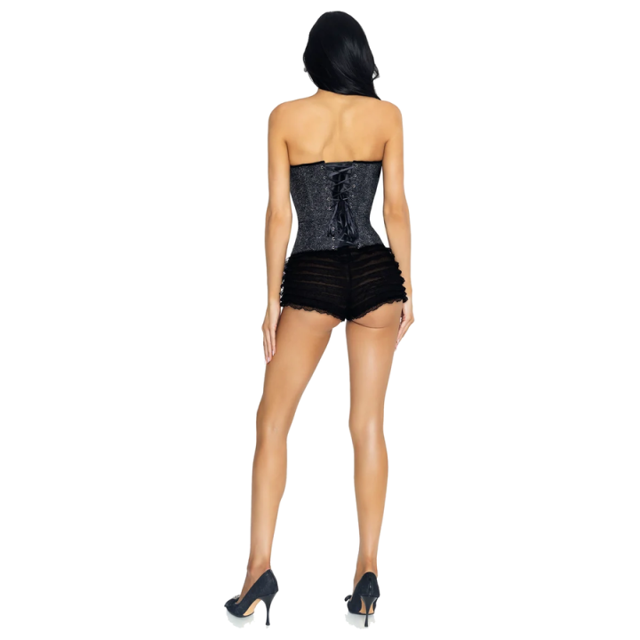 Leg Avenue - Glitter Boned Corset With Lace-up Back Conjunto de Corsé Con Brillo y Short Con Volantes Negro l