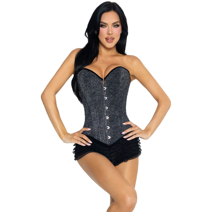 Leg Avenue - Glitter Boned Corset With Lace-up Back Conjunto de Corsé Con Brillo y Short Con Volantes Negro l