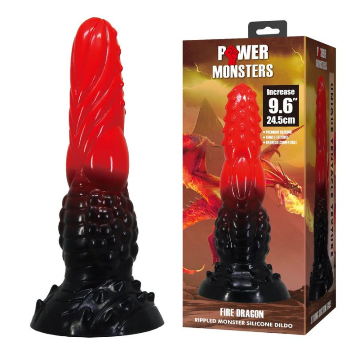 Power Monsters - Dildo Fantasy Drago di Fuoco Con Ventosa 24,5 cm ø 5,8 cm Rosso e Nero